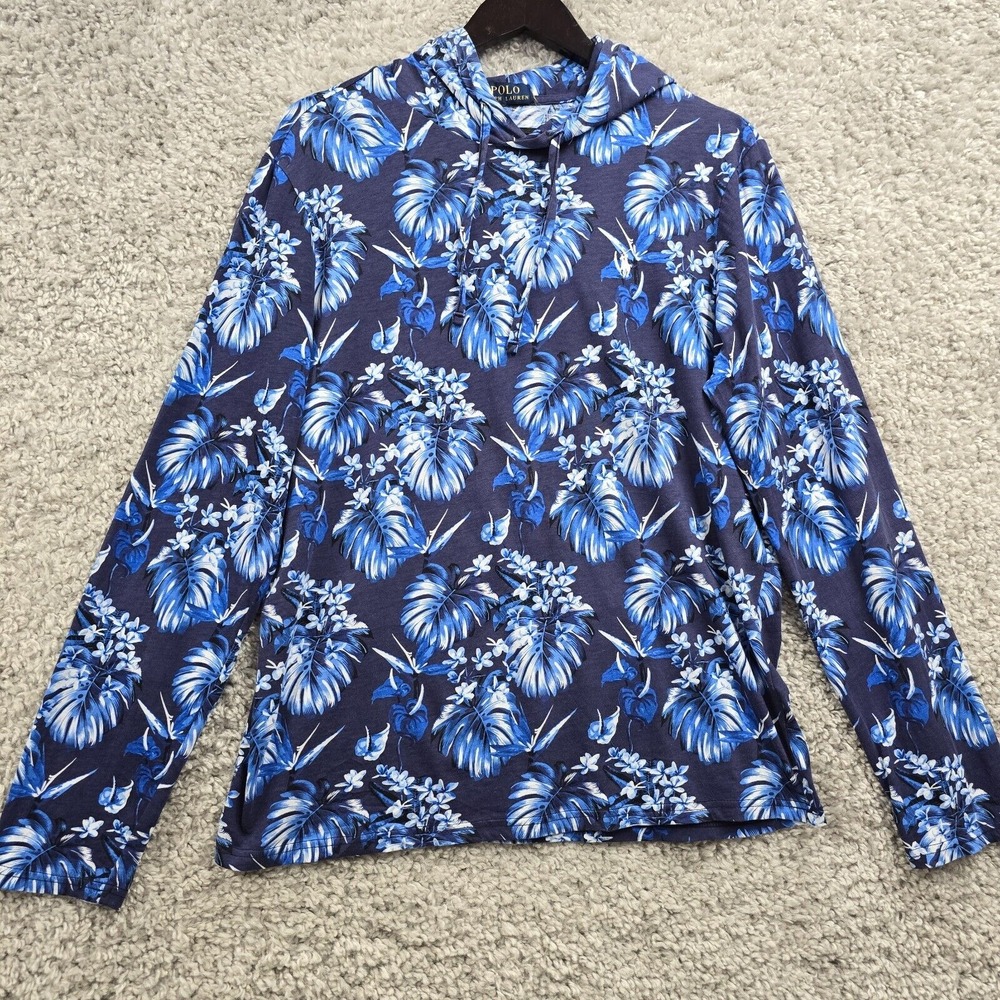 Polo Ralph Lauren Mens Blue Hooded Floral Shirt Size M Beach Resort